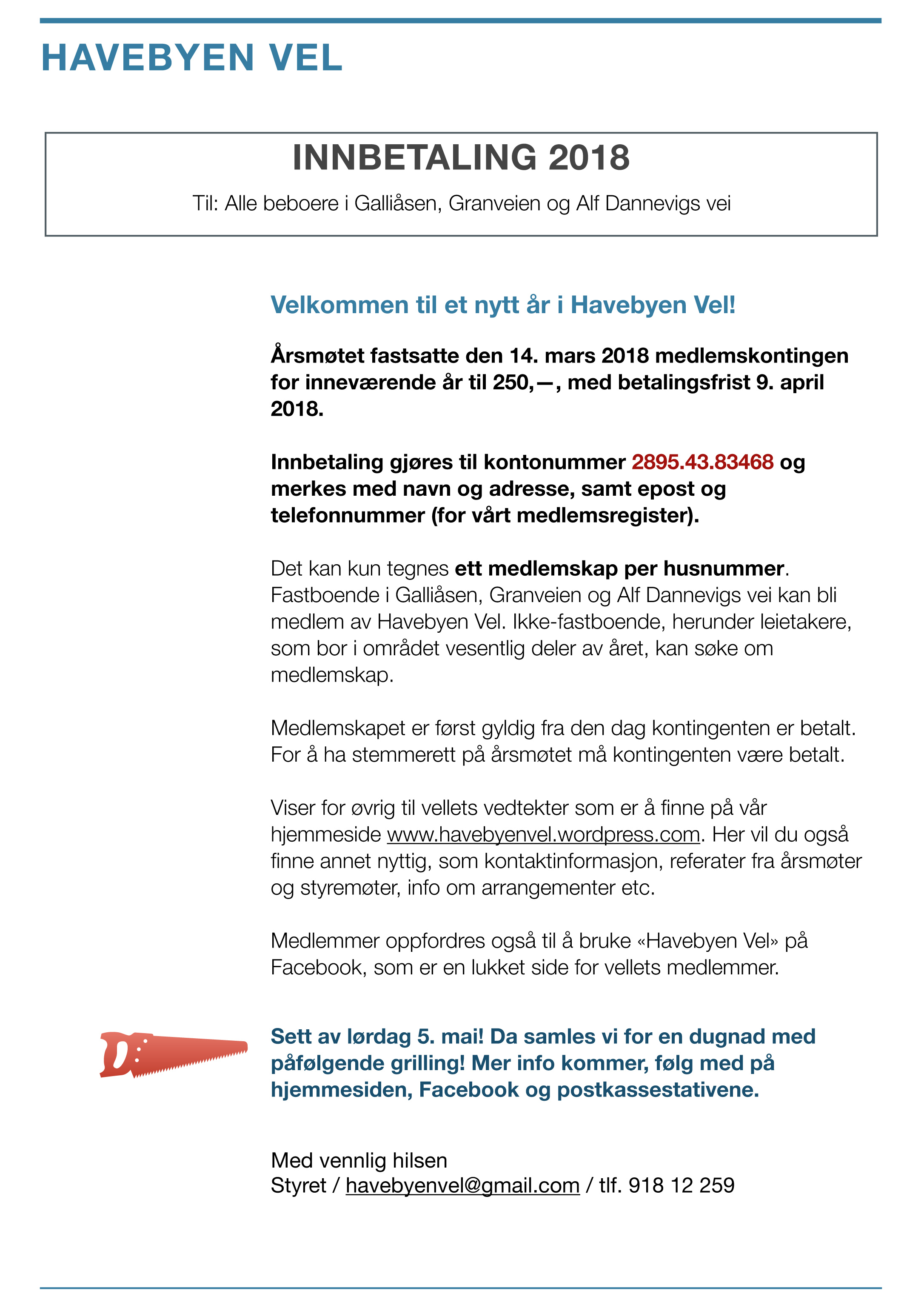 Havebyen Vel innbetaling 2018